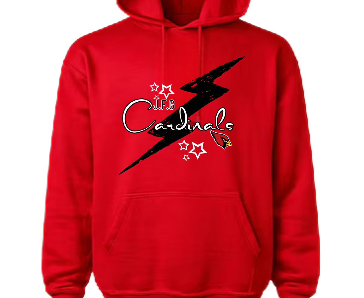 Red pullover hoodie with a black lightning bolt, Cardinals script, J.F.G lettering, white stars, and a cardinal head graphic.