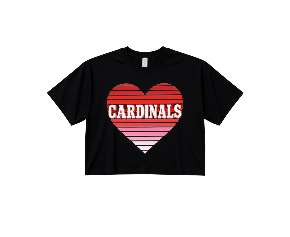 Black short-sleeve T-shirt with a red, pink, and white striped heart and white CARDINALS lettering.