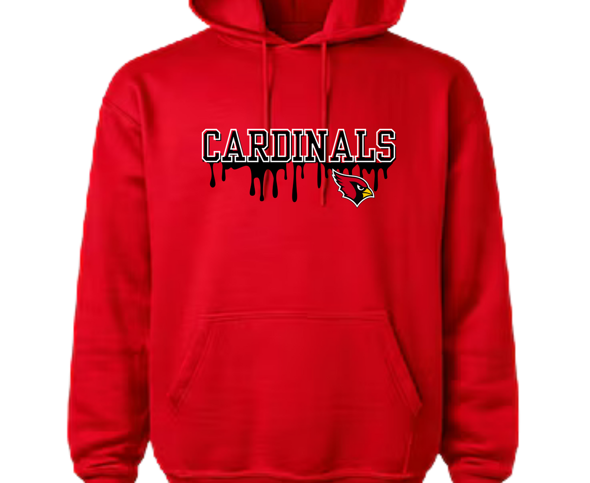 Red pullover hoodie with black CARDINALS lettering outlined in white, a black drip design, and a cardinal head graphic.