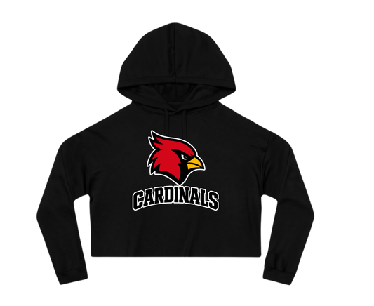 Black long-sleeve cropped hoodie with a red cardinal head and white-outlined CARDINALS lettering.