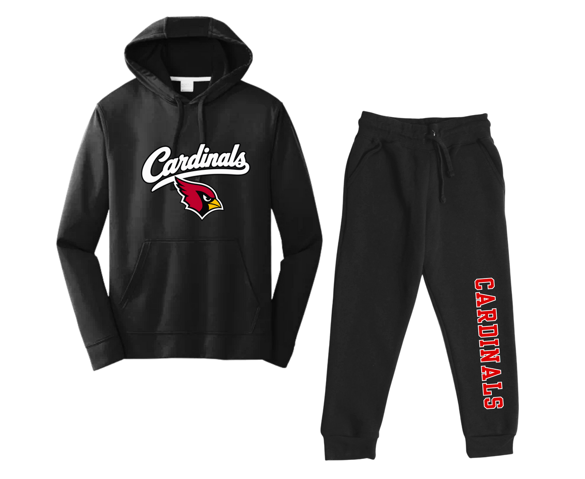Black hoodie with white Cardinals script and a red cardinal head beside matching black joggers with vertical red-and-white CARDINALS lettering.