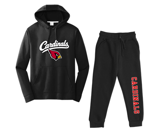 Black hoodie with white Cardinals script and a red cardinal head beside matching black joggers with vertical red-and-white CARDINALS lettering.