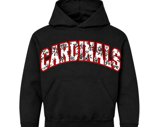 Black pullover hoodie with white floral CARDINALS lettering outlined in red and a kangaroo pocket.